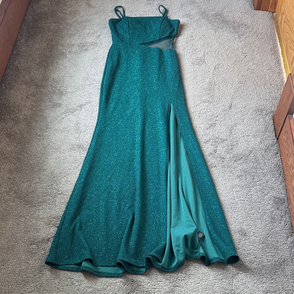 Trixxi Green Sparkle Mesh Cutout Gown SIZE 7 Formal Slit Prom Evening
